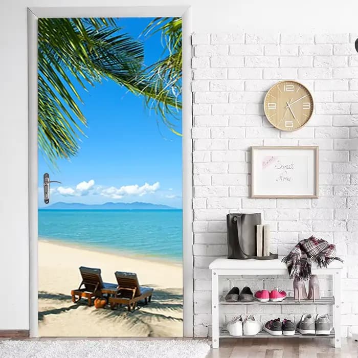 Autocollant Mural de porte 3D vue sur la mer plage, papier peint auto-adhésif en PVC bleu ciel, paysage d'été, couverture complète de porte pour réfrigérateur