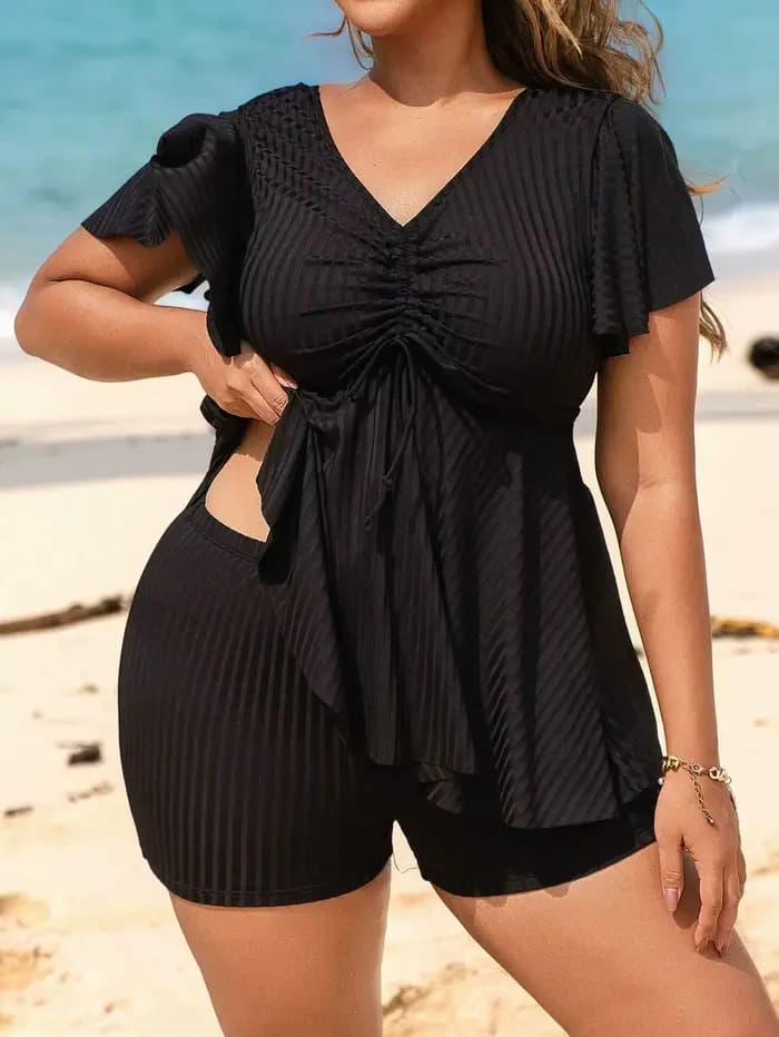 Maillot de bain deux pièces femme grande taille 2025 noir solide Tankini ensemble
