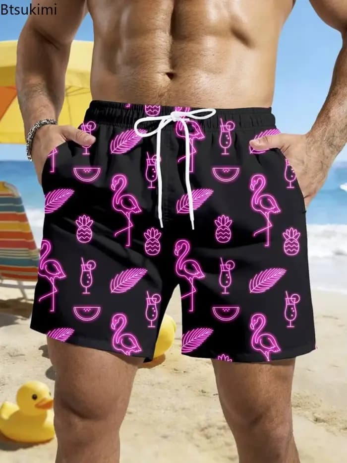 Nouveauté 2026 Shorts de plage décontractés pour hommes, coupe droite ample avec cordon de serrage, imprimés tendance