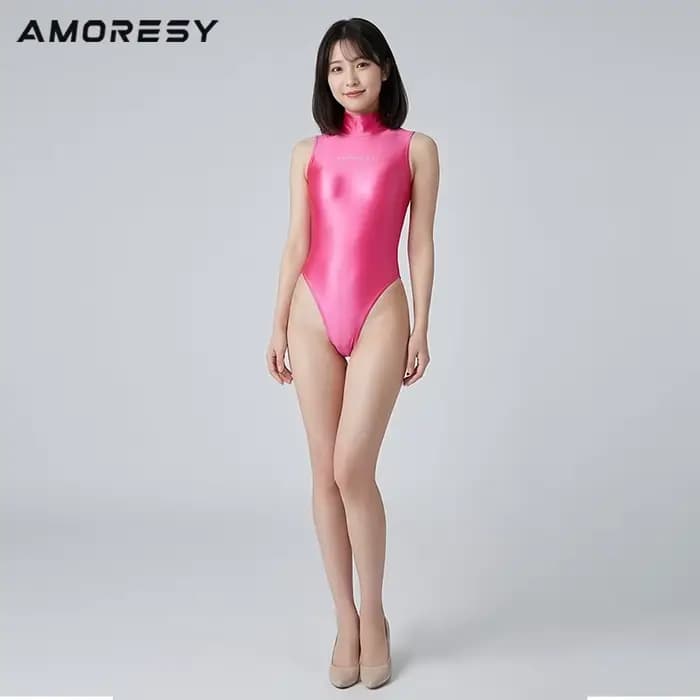 AMORESY Maillot de bain une pièce sexy ultra-fin transparent brillant pour femme, coupe haute, sans manches, respirant, col montant, pour la plage