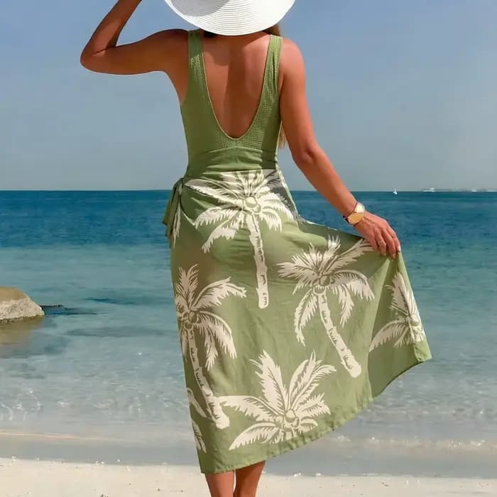 Maillot de bain une pièce pour femme, style conservateur, thème sources chaudes, haute élasticité, sans manches, avec jupe paréo pour la natation et les activités aquatiques
