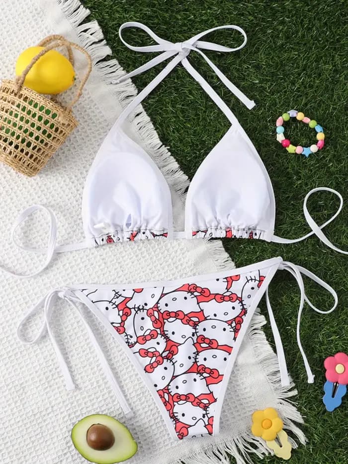 Bikini à col licou imprimé Hello Kitty pour femme