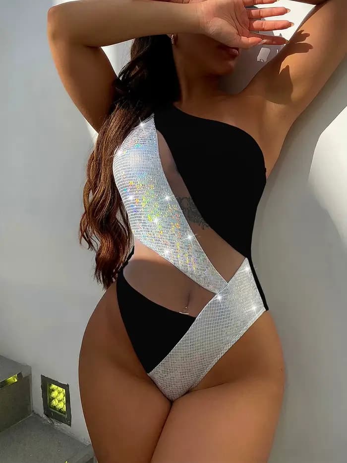 Maillot de bain une pièce scintillant pour femme, monokini sexy évidé, bikini de luxe asymétrique, maillot de bain brillant