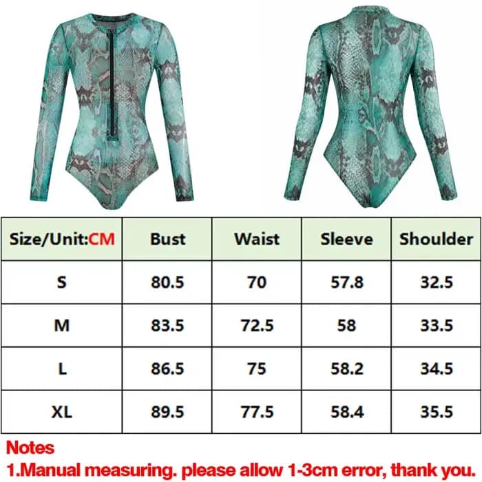 Maillot de bain une pièce à manches longues imprimé serpent turquoise, fermeture éclair sur le devant, coupe haute, monokini pour femme, idéal pour le surf estival