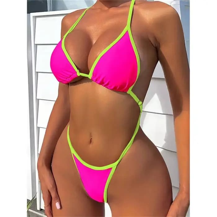 Cikini Summer Beach Maillot de bain une pièce avec bordure contrastée et col licou pour femme - Maillot de bain sexy