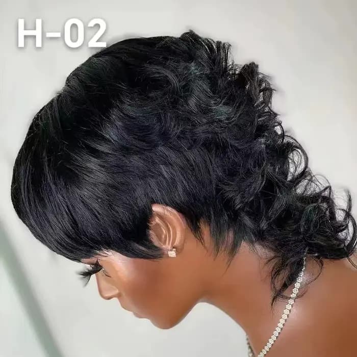 Perruque de cheveux humains 1B, cheveux courts bouclés, coupe Pixie, avec frange, Style mulet superposé, conception sans colle pour femmes, entièrement faite à la Machine