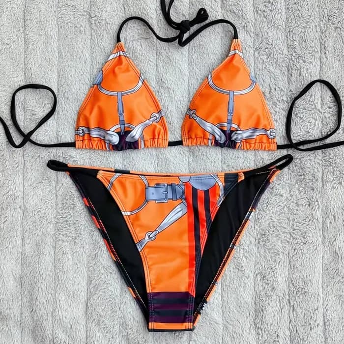 Luxe Sexy Orange géométrie imprimé Bikini 2 pièces ensemble femmes licou élastique string maillot de bain plage