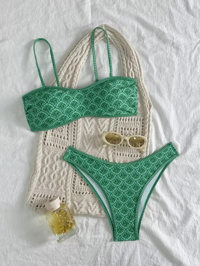 Bikini Bandeau Sexy 2026 Femme Vert Floral Plissé Push-Up Rembourré String Maillot de Bain Été Deux Pièces Biquini