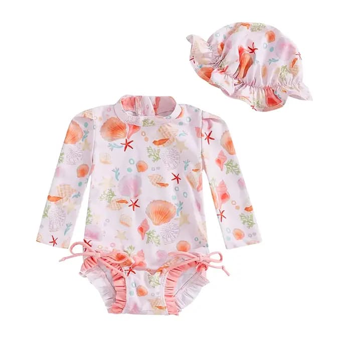 Maillot de bain pour nouveau-né fille, imprimé floral/coquillage, manches longues, col montant, imbibé d'un chapeau, protection contre les éruptions cutanées