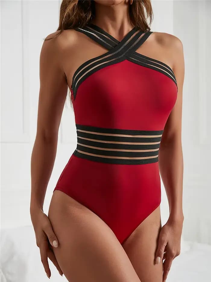Maillot de bain une pièce sexy en maille solide 2026, col montant, croisé sur le devant, rembourré, pour femme