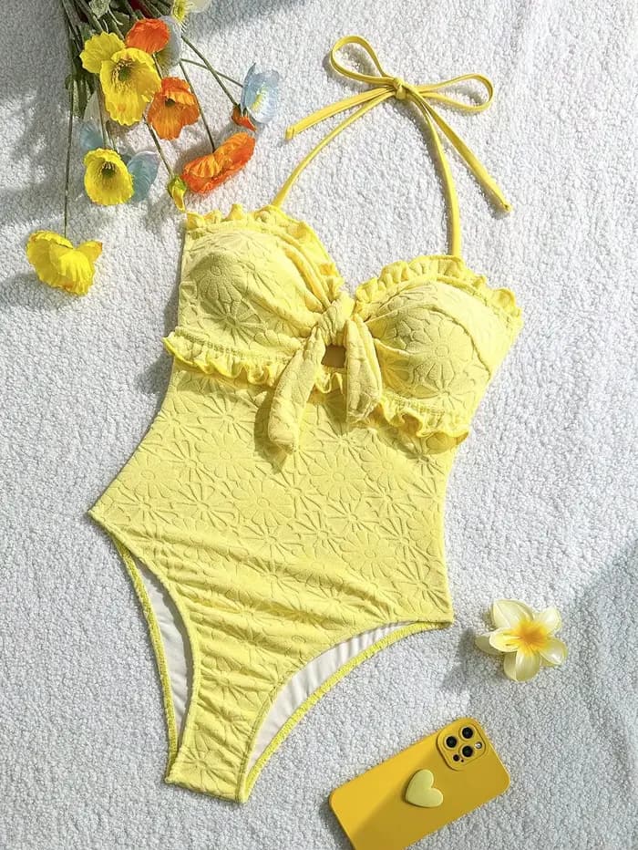 Vintage Front Bow One Pice maillot de bain 2026 femmes Sexy jaune volants Push Up Slim Fit ventre contrôle maillots