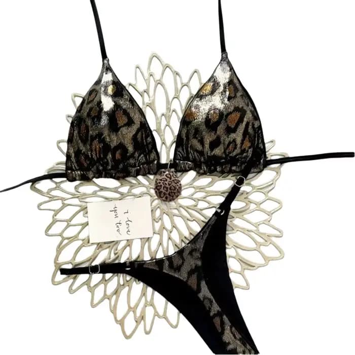 Nouveau Maillot de Bain Femme 2026 Sexy Imprimé Léopard, Bikini Halter à Taille Haute avec Bonnets Triangulaires et Pendentif, en Tissu Polyester