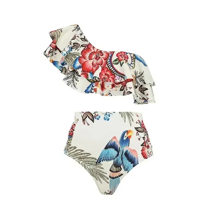 Bikini femme imprimé à volants maillot de bain une épaule Slash boutonnage