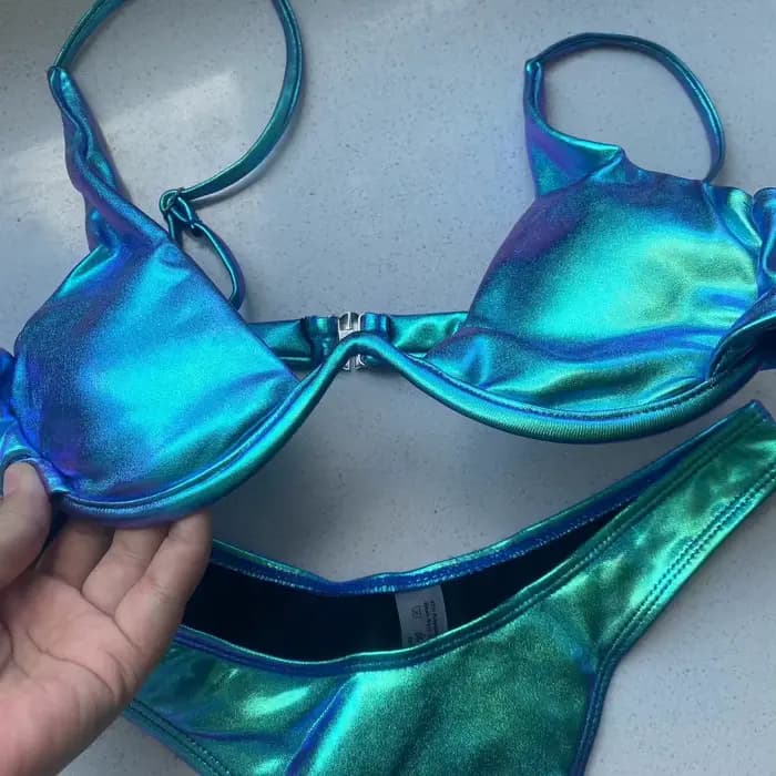 Maillot de bain triangle holographique bleu