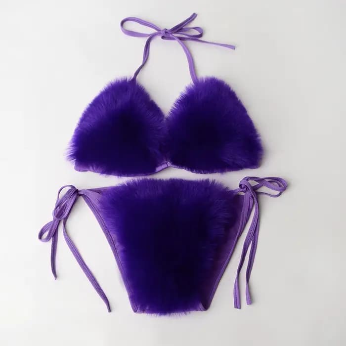 Été femmes fausse fourrure de renard Sexy licou couleur unie Bikini ensemble maillots de bain Triangle