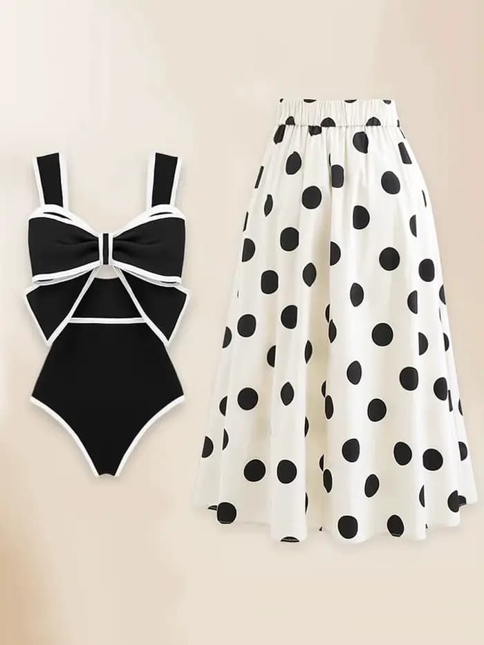 Maillot de bain une pièce en mousseline de soie à pois pour femmes, nœud papillon, jupe de plage, baigneuses, vêtements de plage, nouveau, 2025