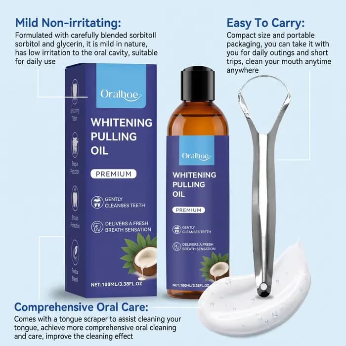 Bain de bouche à l'huile de coco Oralloe pour un nettoyage en profondeur des dents et des gencives, haleine fraîche, avec gratte-langue
