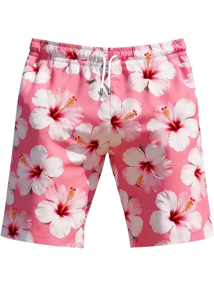 Shorts de vacances hawaïens pour hommes, shorts de plage avec rayures dégradées bleu-vert néon et imprimé floral, doux et respirants