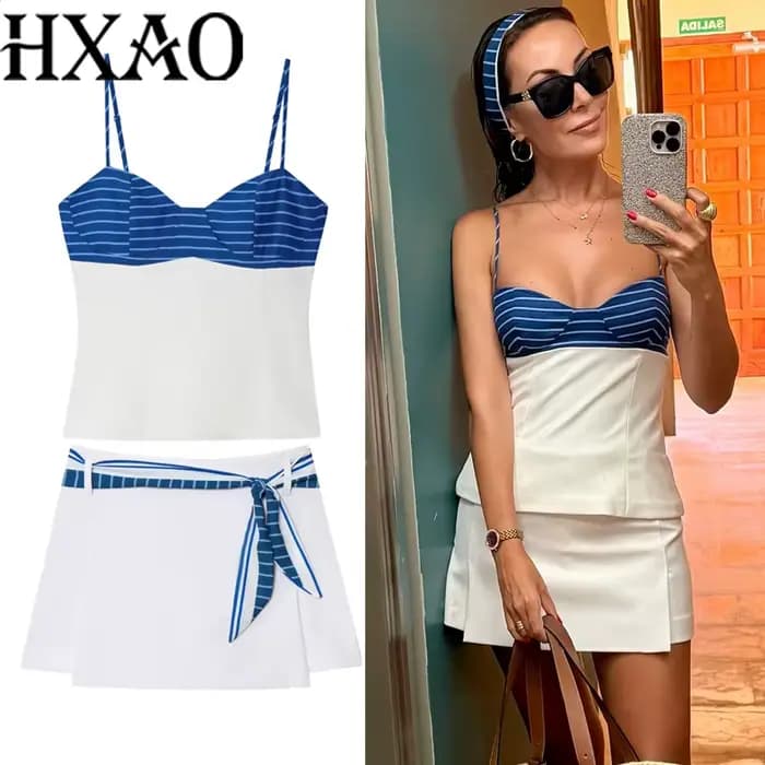 HXAO Bow rayure femmes jupe ensembles courts Patchwork Slip Corset haut femmes été asymétrie Mini jupe ensembles plage 2 pièces ensembles