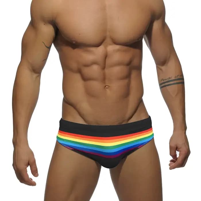 Maillot de bain à rayures arc-en-ciel pour hommes, slip sexy, push up, taille basse, vêtements de plage, d'été