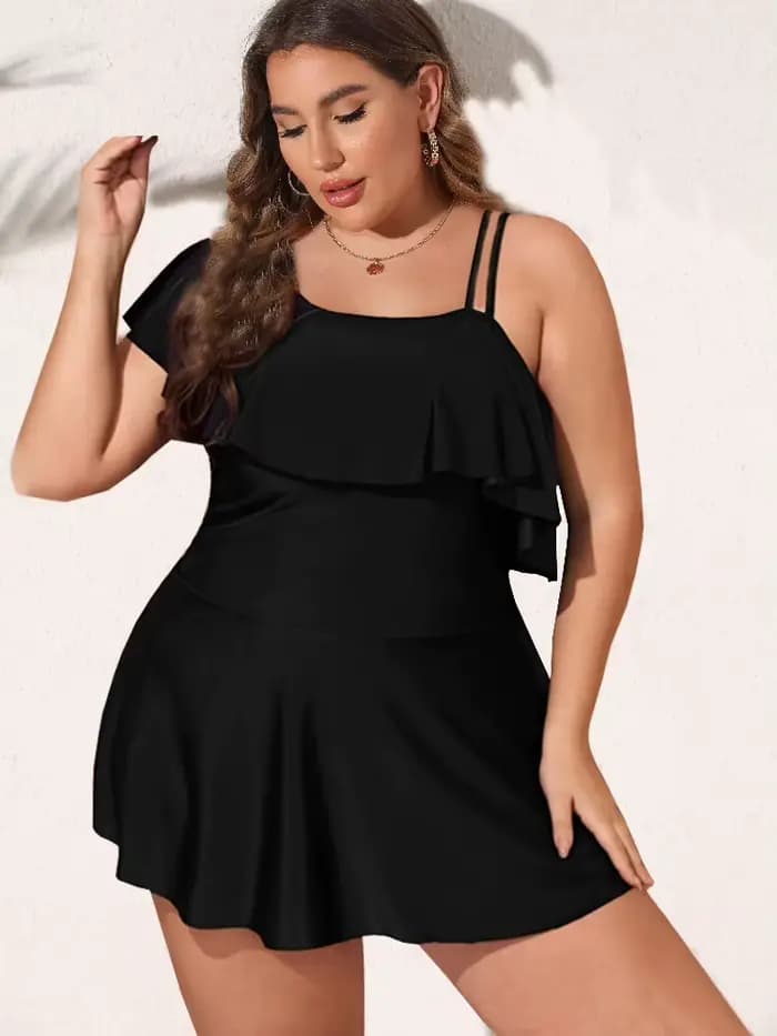 Maillot de bain deux pièces pour femmes, tankini noir, grande taille, grand bikini, une initiée à volants, vêtements de plage d'été