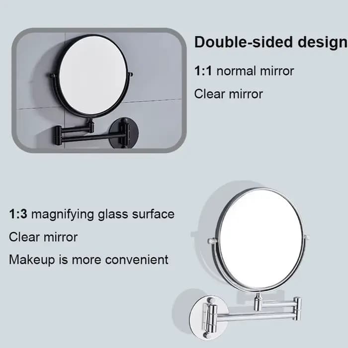 Miroir de maquillage mural peu encombrant, miroir rotatif double face 3X/1X avec cadre en aluminium, design pliable pour salle de bain
