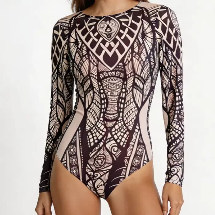 Nouveau maillot de bain une pièce pour femme, imprimé, élégant et sexy, à manches longues, avec couvre-poitrine, protection solaire, en tissu maillé