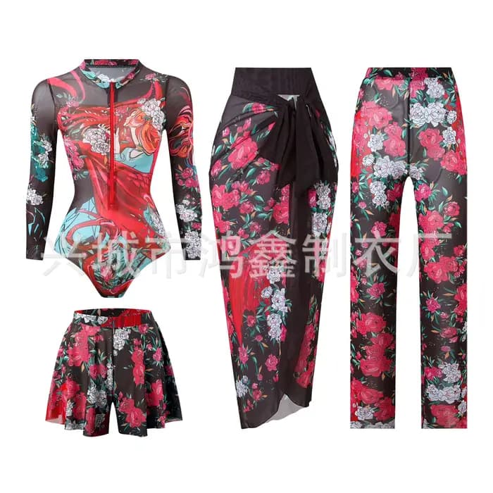 Maillot de bain une pièce pour femme avec protection en maille à manches longues