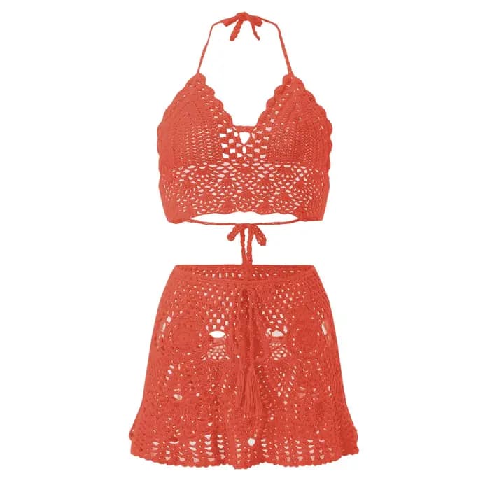 Boho Sexy Bikinis ensembles femmes au crochet évidé deux pièces été Bikini vêtements de plage licou cou