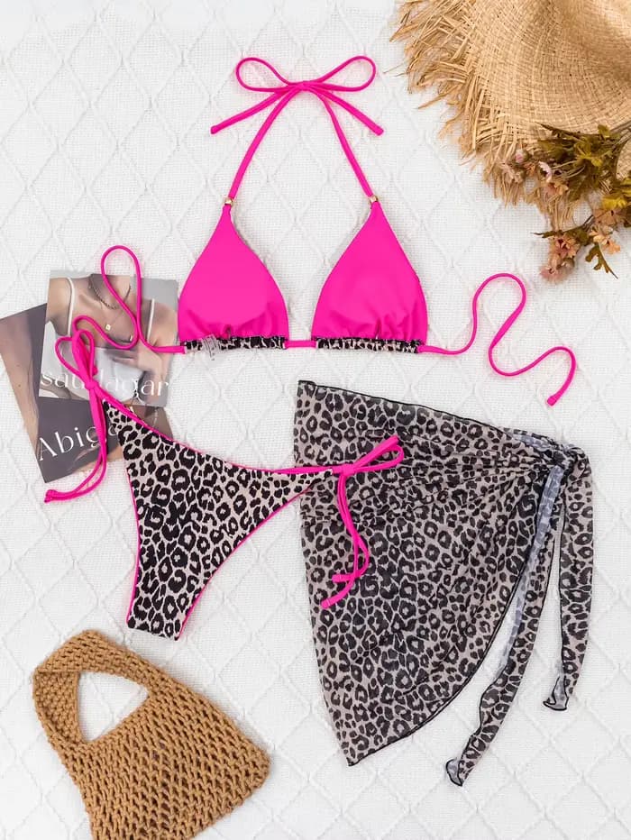 Léopard trois pièces maillot de bain Sexy Bikini réglable maillots de bain été maillots de bain féminin maillot de bain Trikini licou livraison directe