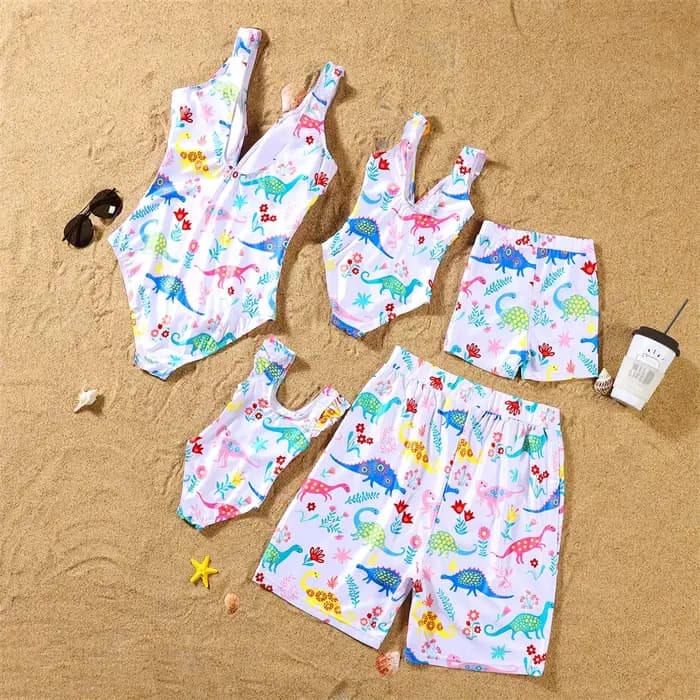 Maillot de bain dinosaures, tenues assorties pour la famille, col en v, mère et fille, robes mère et moi, vêtements père fils, Shorts de bain
