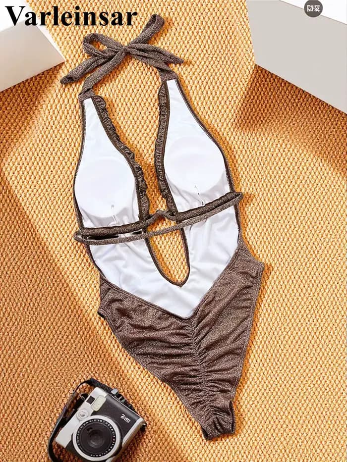 Maillot de bain une pièce scintillant 2026 pour femme, col en V profond, dos nu, froncé aux fesses, V7888