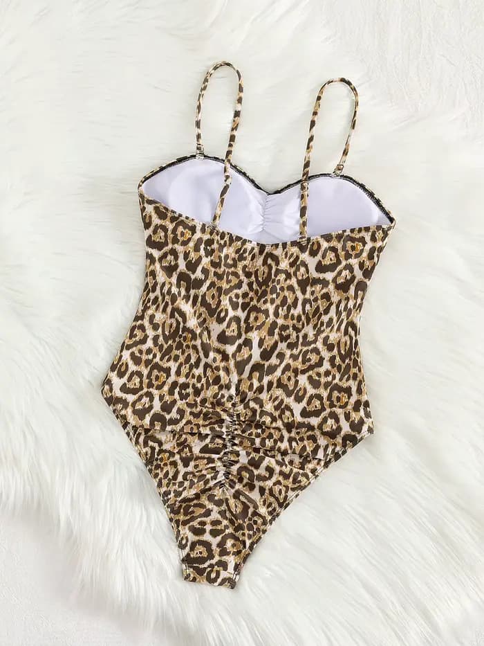 Maillot de bain sexy imprimé léopard sans bretelles style 2026, maillot de bain sans manches, dos nu, monokini, tenue de plage pour femme