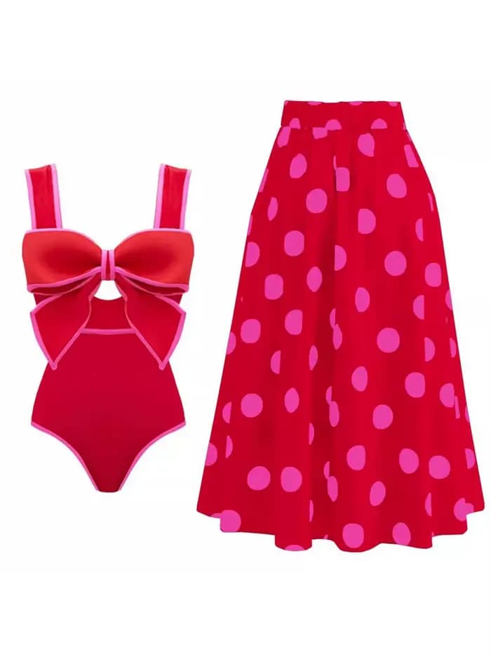 Maillot de bain une pièce en mousseline de soie à pois pour femmes, nœud papillon, jupe de plage, baigneuses, vêtements de plage, nouveau, 2025