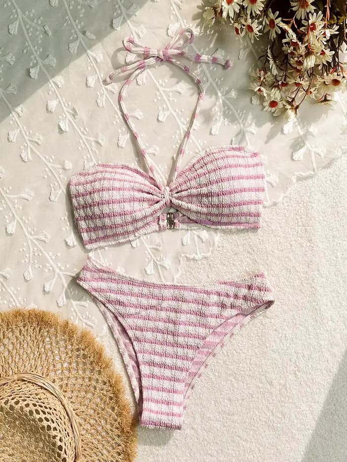 Ensemble bikini sexy rose à rayures 2026 pour femme, avec soutien-gorge push-up plissé et maillot de bain taille haute à cordon de serrage, idéal pour l'été et les vacances
