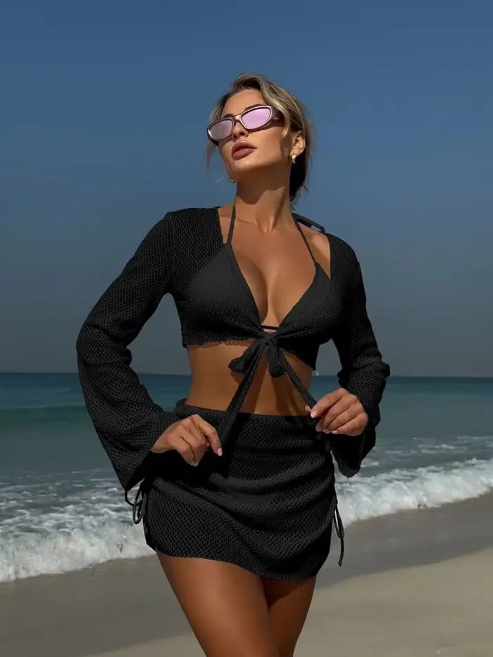 Été 4 pièces Bikini ensemble 2025 femmes Sexy noir à manches longues couvrir et jupe maillot de bain plage maillot de bain vacances maillots de bain