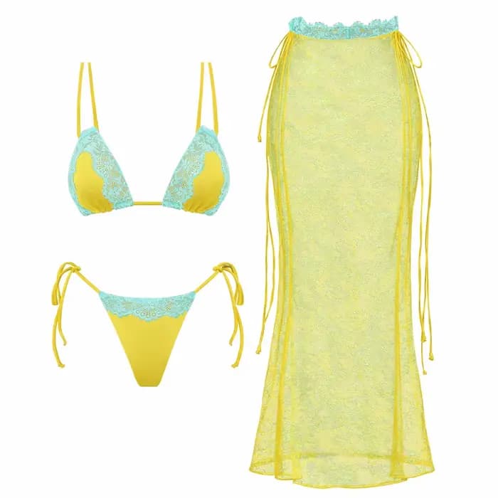 Ensemble de maillot de bain 3 pièces de luxe pour femme : bikini triangle à lacets contrastants et jupe, idéal pour la plage