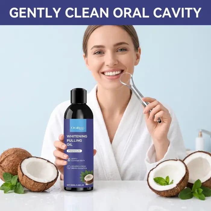 Bain de bouche à l'huile de coco Oralloe pour un nettoyage en profondeur des dents et des gencives, haleine fraîche, avec gratte-langue
