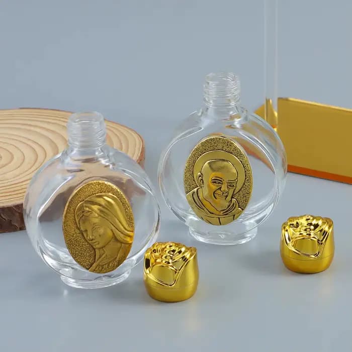 Bouteille d'eau bénite portable en verre de 60 ml pour baptême, cérémonie religieuse, fournitures d'église, couleur or, design Saint Lmage, qualité export