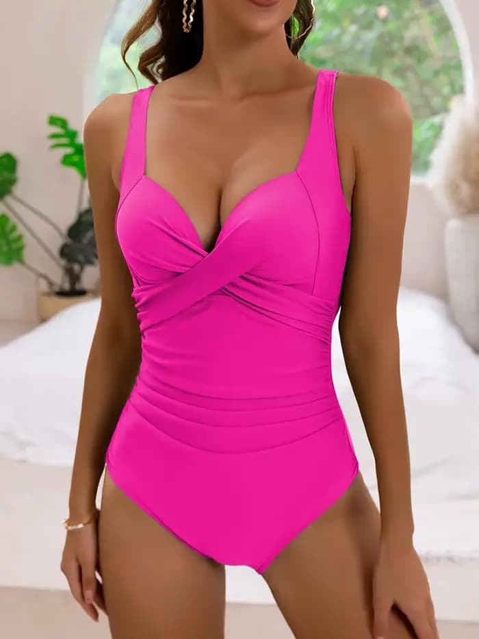 Maillot de bain une pièce sexy à volants croisés pour femme, style vintage, couleur unie, collection 2026