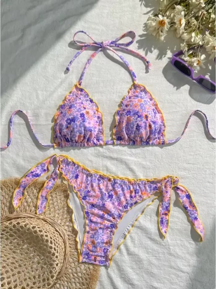 Femmes mignon Bikini ensemble 2025 nouvel été Orange imprimé fleuri licou volants Push Up cravate côté string maillot de bain maillot de bain