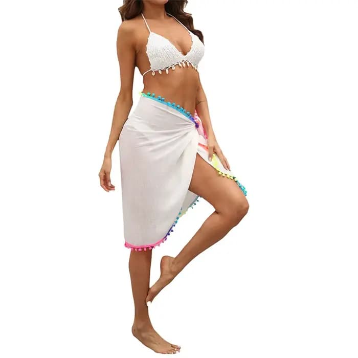 LAMUUSAA-Jupe de Plage Sexy en Maille Transparente pour Femme, Bikini avec Pompons Colorés, Sarong