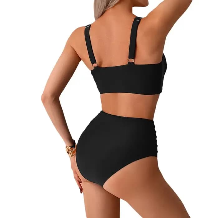 Sexy noir deux pièces maillot de bain femmes solide Push Up rembourré Bikini ensemble maillots