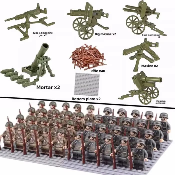 Blocs de construction militaires de la Seconde Guerre mondiale, poupées, figurines, poupées humanoïdes, jouets, armes lourdes, cadeaux d'anniversaire, personnages de dessins animés.