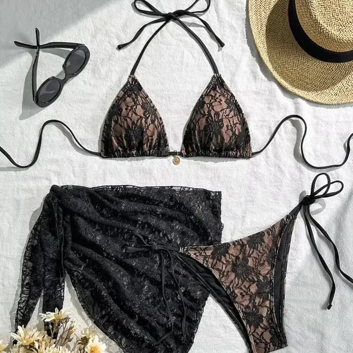 Ensemble de maillot de bain trois pièces sexy en dentelle pour femme, style brésilien, pour la plage et la piscine