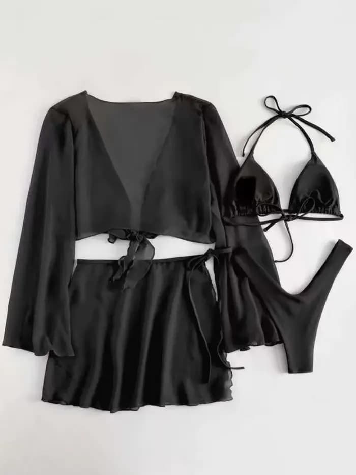 Ensemble de 4 bikinis string 2026 pour femmes avec haut et robe, maillot de bain noir, maillot de bain halter pour femme, vêtements de plage, maillot de bain, tenue de bain d'été