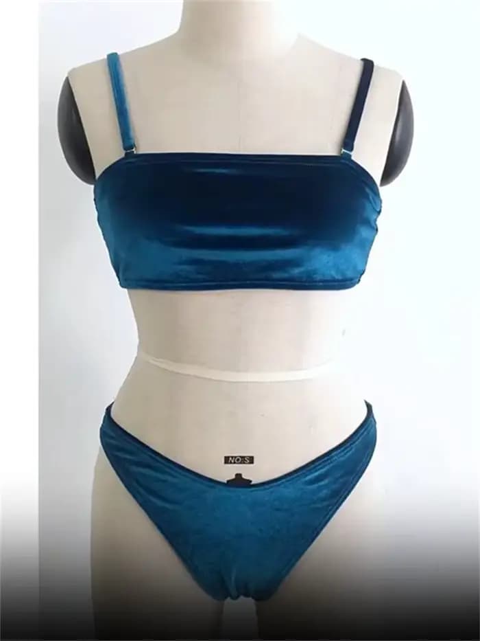 Vintage bleu Bikini velours maillot de bain femmes taille haute Bandeau Bikinis ensembles tenue de plage vacances maillots de bain maillot de bain