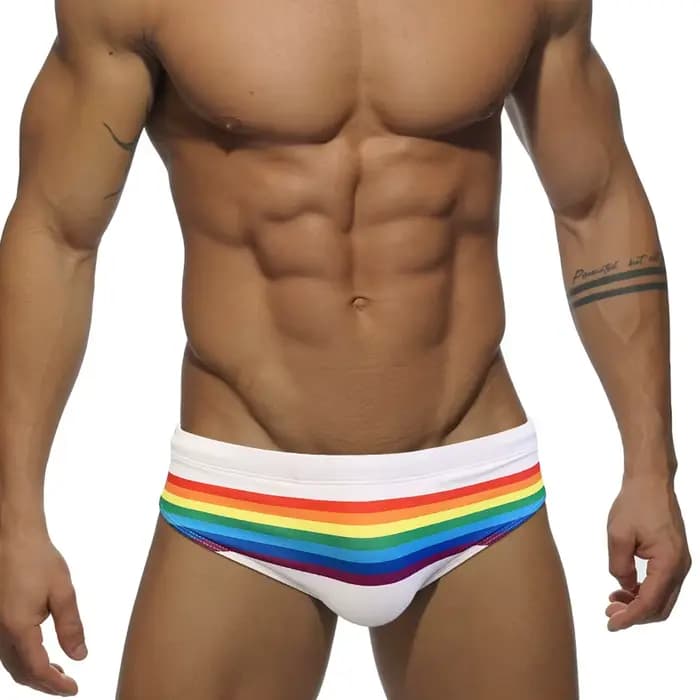 Maillot de bain à rayures arc-en-ciel pour hommes, slip sexy, push up, taille basse, vêtements de plage, d'été