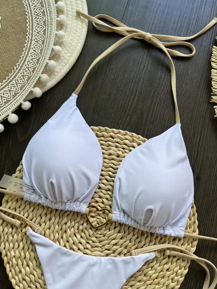 Femmes deux pièces maillot de bain Sexy Bikini blanc maillots de bain féminin Bikinis ensemble réglable maillots de bain femme licou Trikini livraison directe