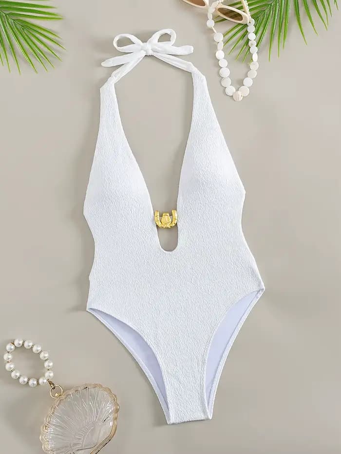 Maillot de bain une pièce blanc, Sexy, décolleté en V profond, boucle en métal, ajouré, dos nu, pour vacances d'été, Monokini, 2025